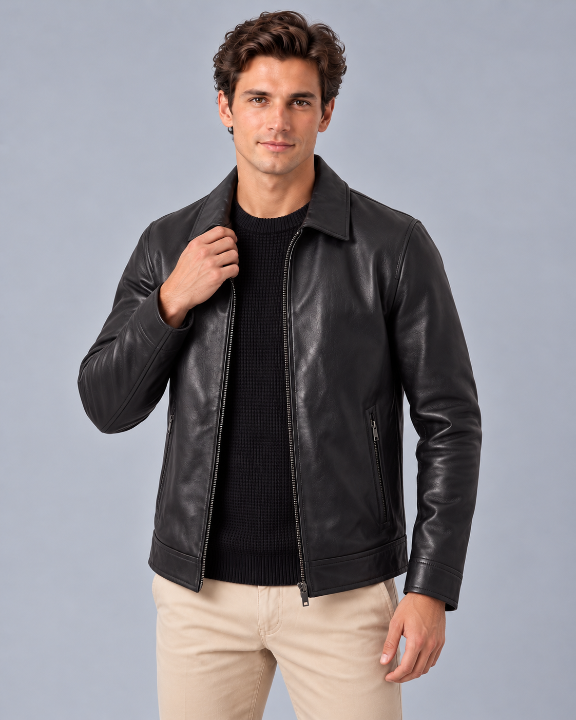 Men's Leather-Look Jacket with Zip-Up Front