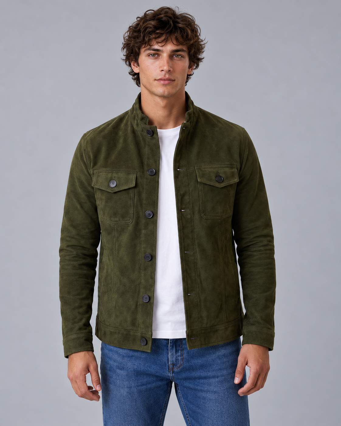 Men's Suede-Look Trucker Jacket with Button-Up Front