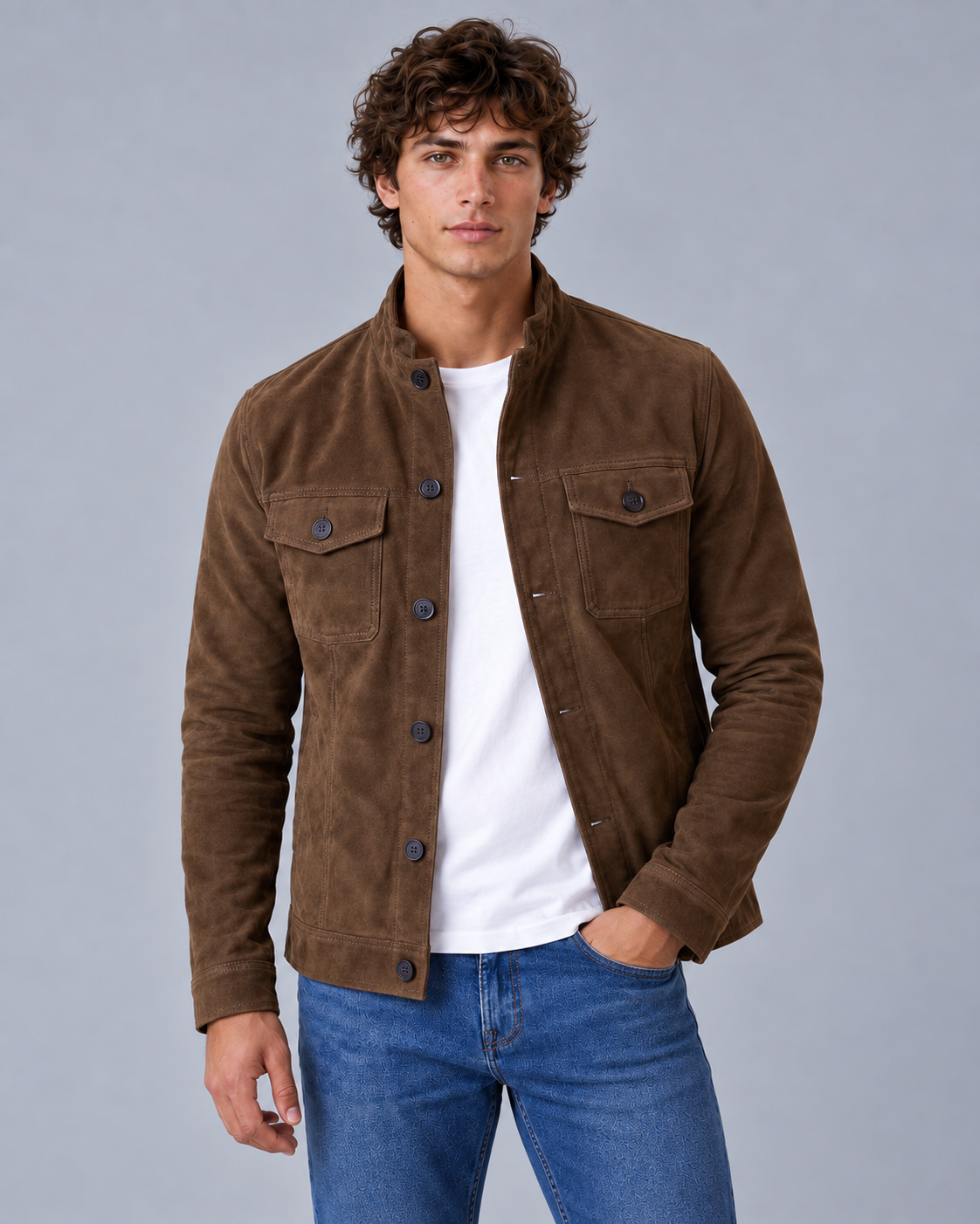 Men's Suede-Look Trucker Jacket with Button-Up Front