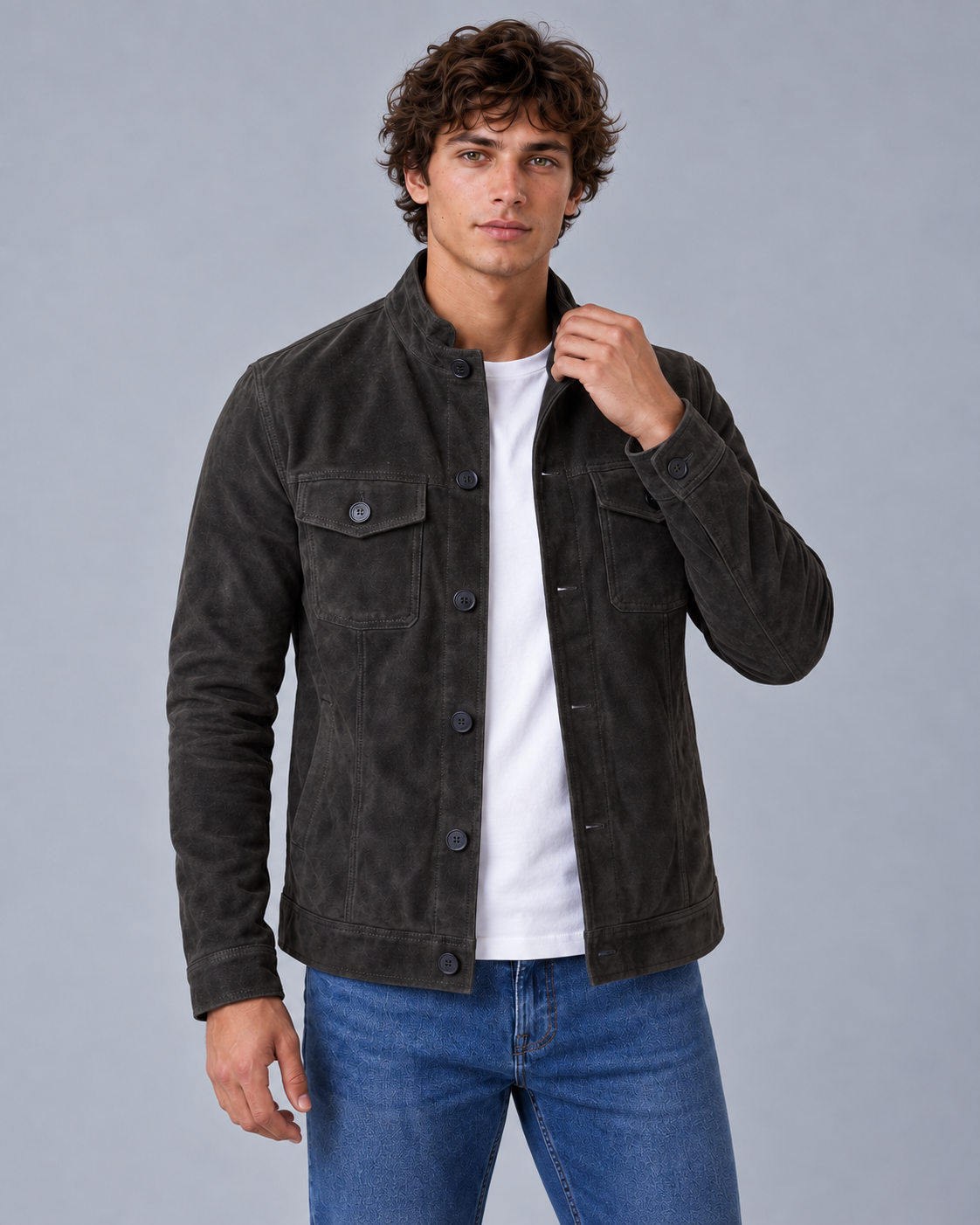 Men's Suede-Look Trucker Jacket with Button-Up Front