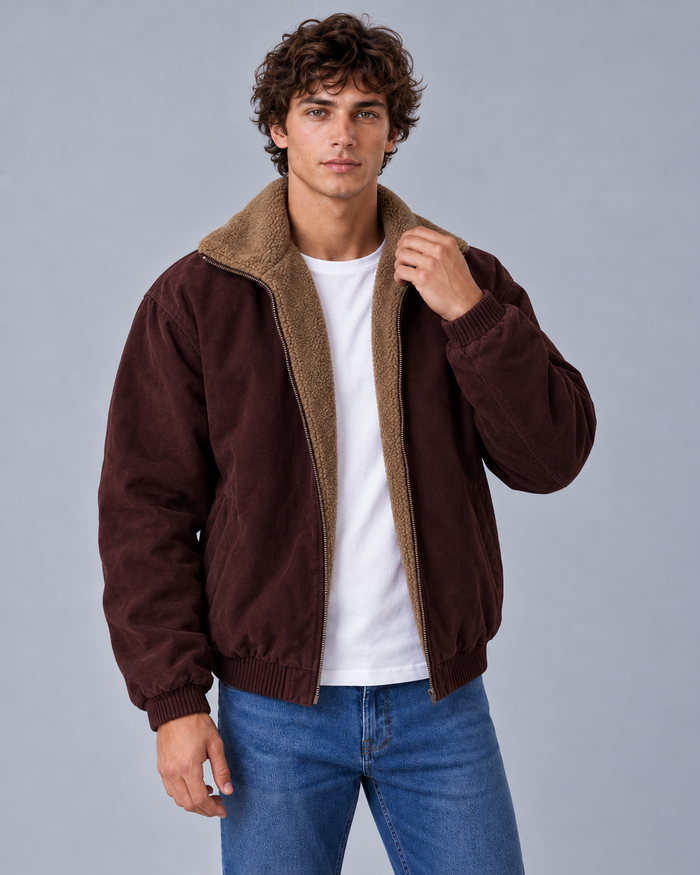 Men's Fleece-Lined Bomber Jacket with Funnel Neck & Zip Front