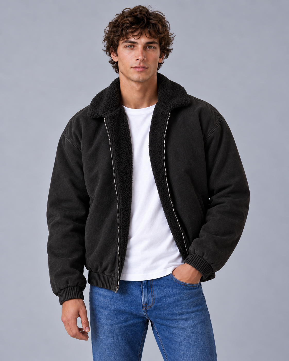 Men's Fleece-Lined Bomber Jacket with Funnel Neck & Zip Front