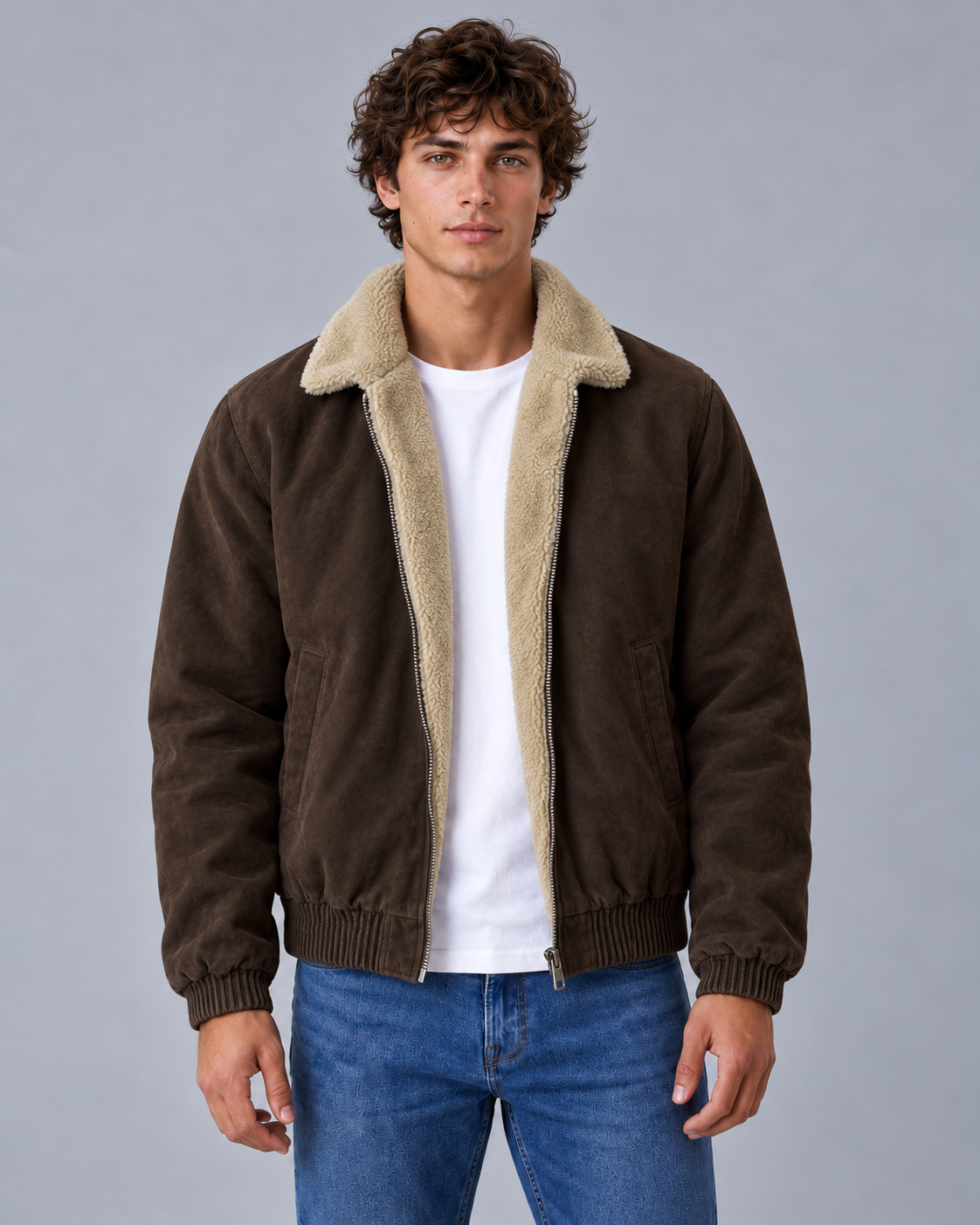 Men's Fleece-Lined Bomber Jacket with Funnel Neck & Zip Front