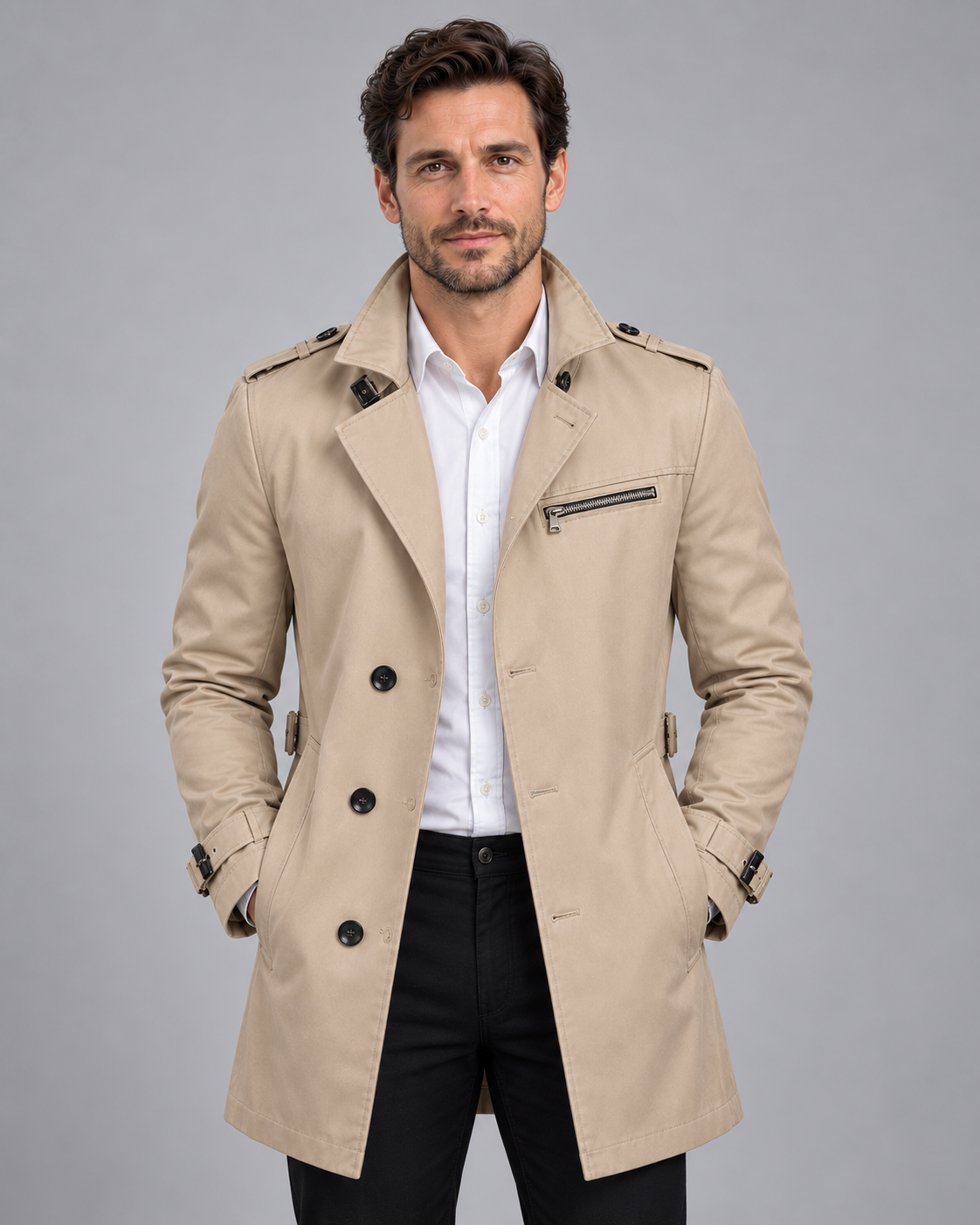 Men's Trench Coat with Adjustable Belt | Triple Front-Button