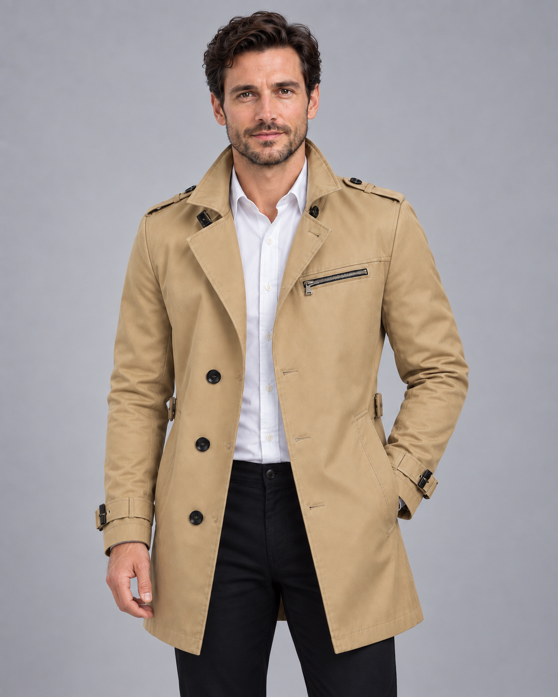 Men's Trench Coat with Adjustable Belt | Triple Front-Button