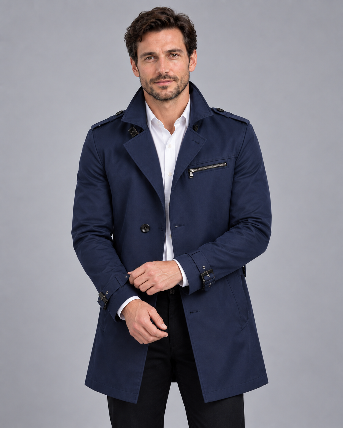 Men's Trench Coat with Adjustable Belt | Triple Front-Button