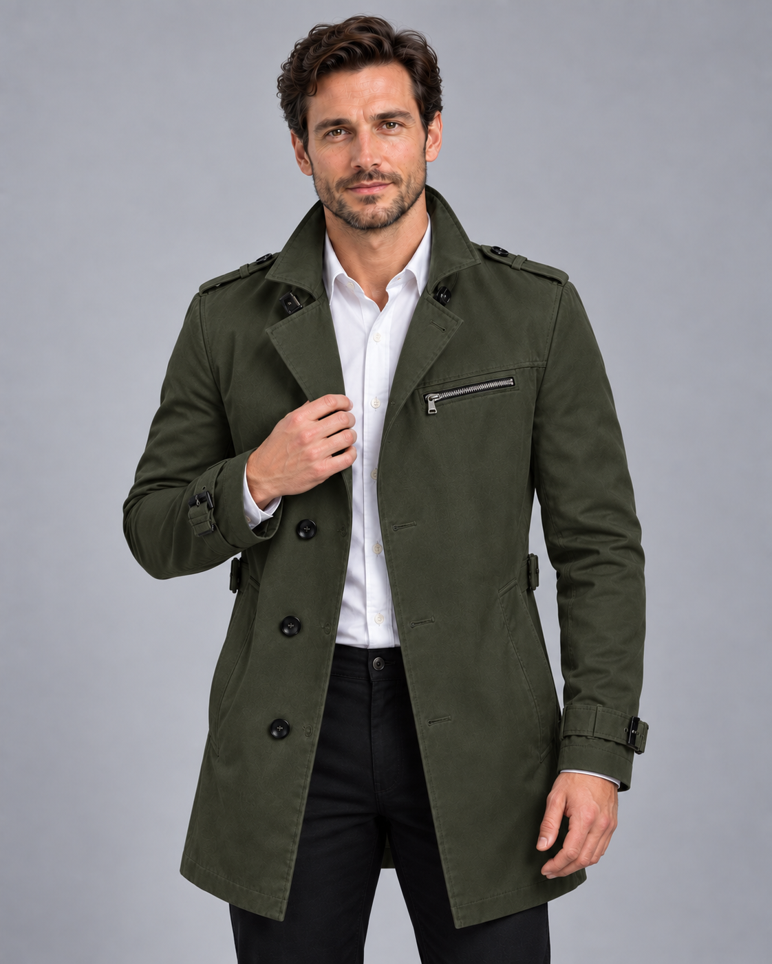 Men's Trench Coat with Adjustable Belt | Triple Front-Button
