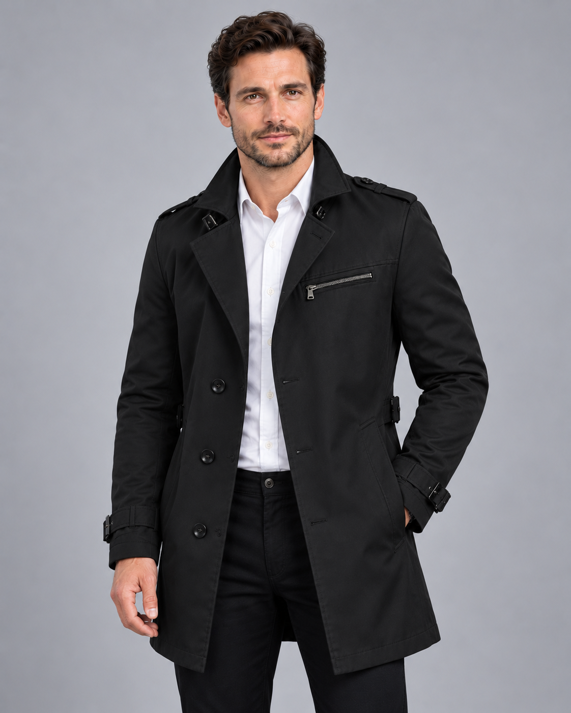 Men's Trench Coat with Adjustable Belt | Triple Front-Button