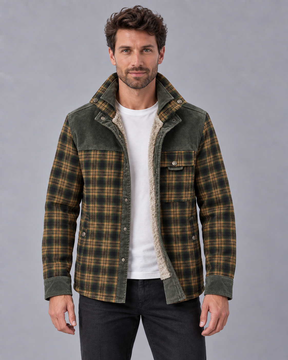 Men's Sherpa-Lined Checked Flannel Overshirt Jacket with Corduroy Panels