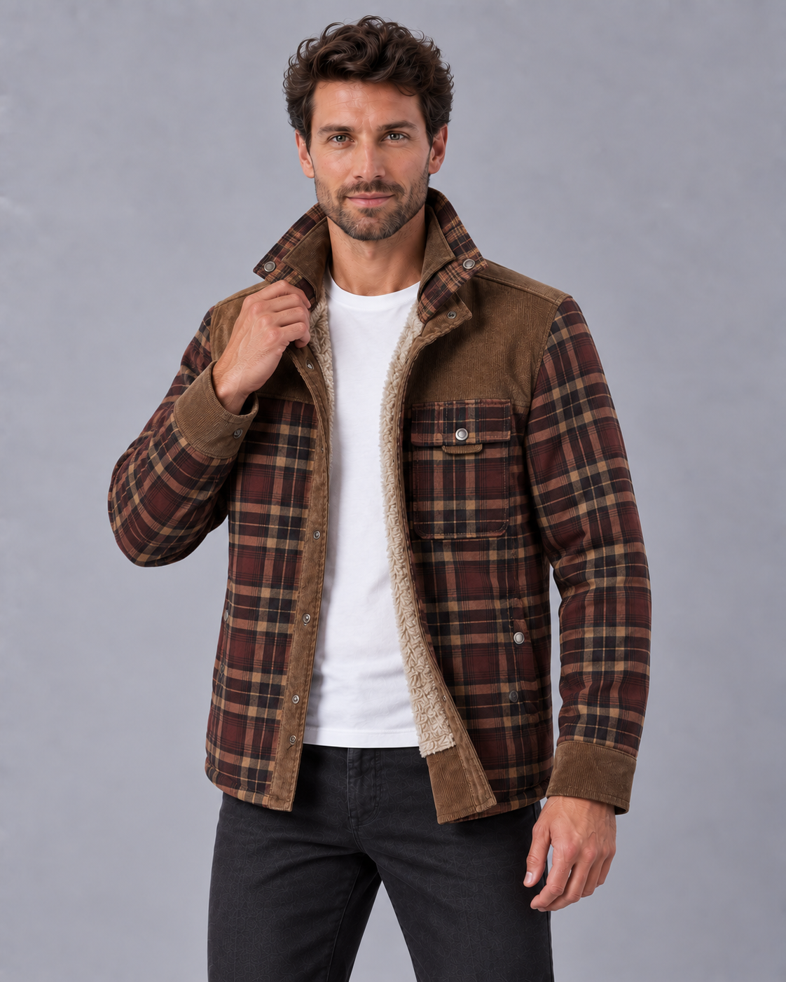 Men's Sherpa-Lined Checked Flannel Overshirt Jacket with Corduroy Panels