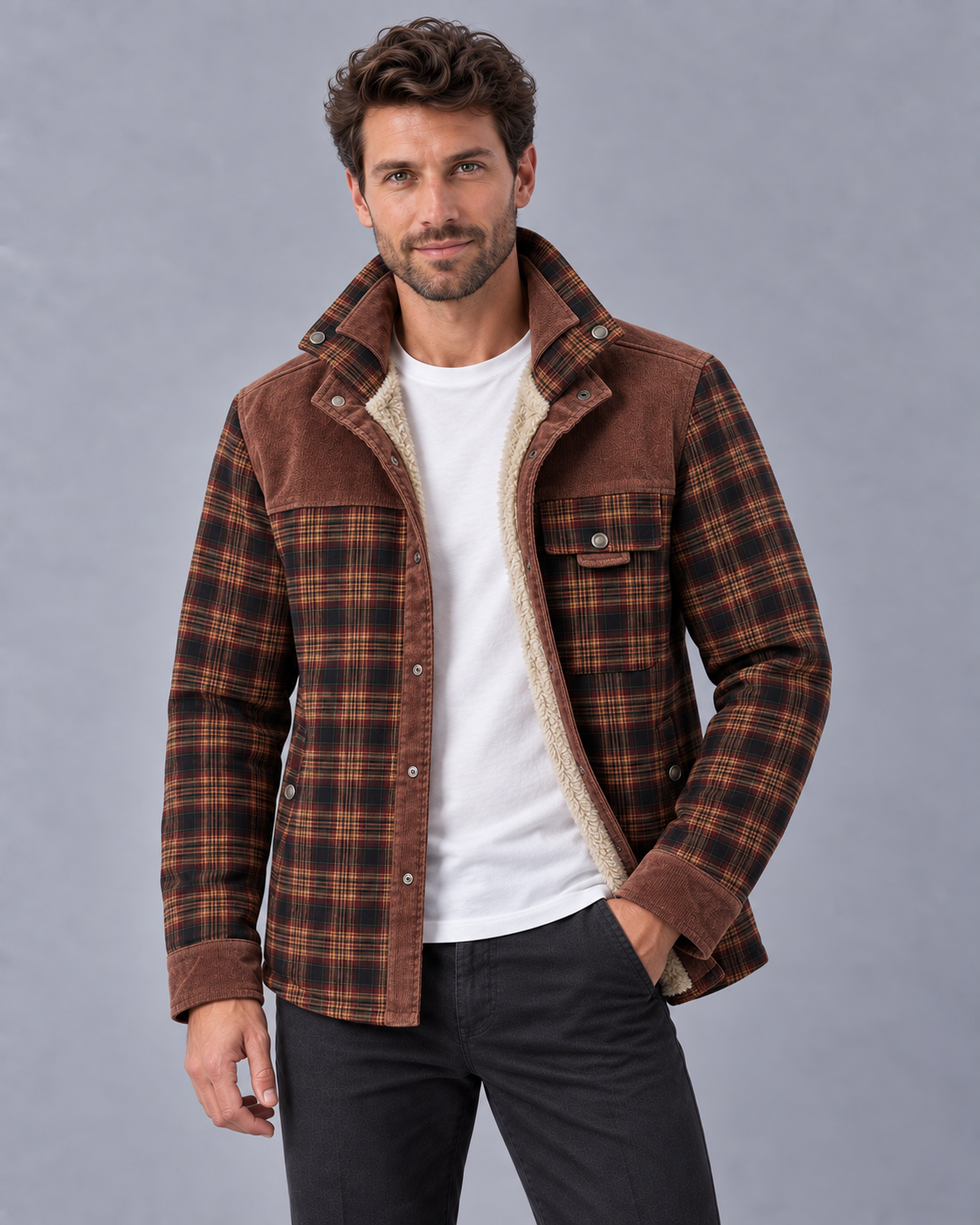 Men's Sherpa-Lined Checked Flannel Overshirt Jacket with Corduroy Panels