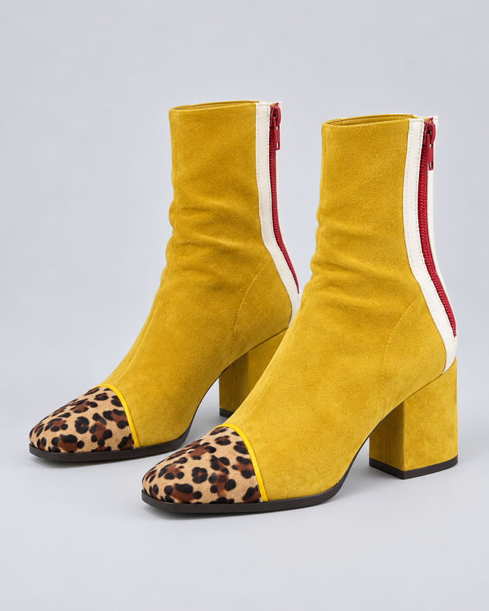 Women's Chic Ankle Boots with Block Heel & Leopard Print Toe