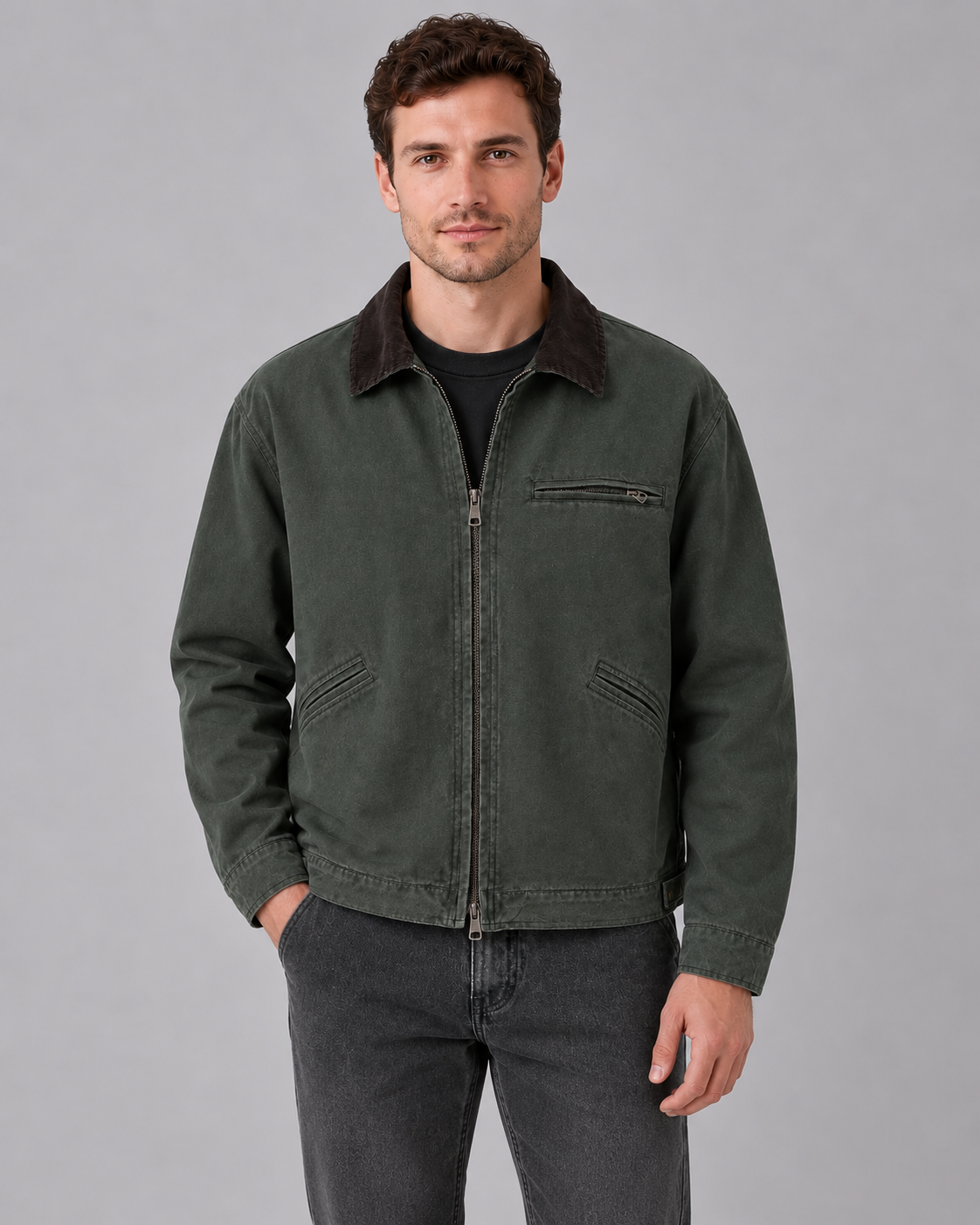 Men's Sturdy Cotton Canvas Barn Jacket with Corduroy Collar