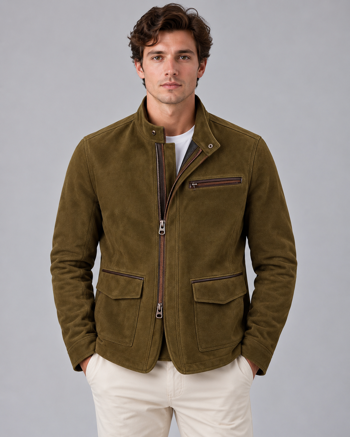 Men's Structured Cotton Jacket with Double-Sided Zipper