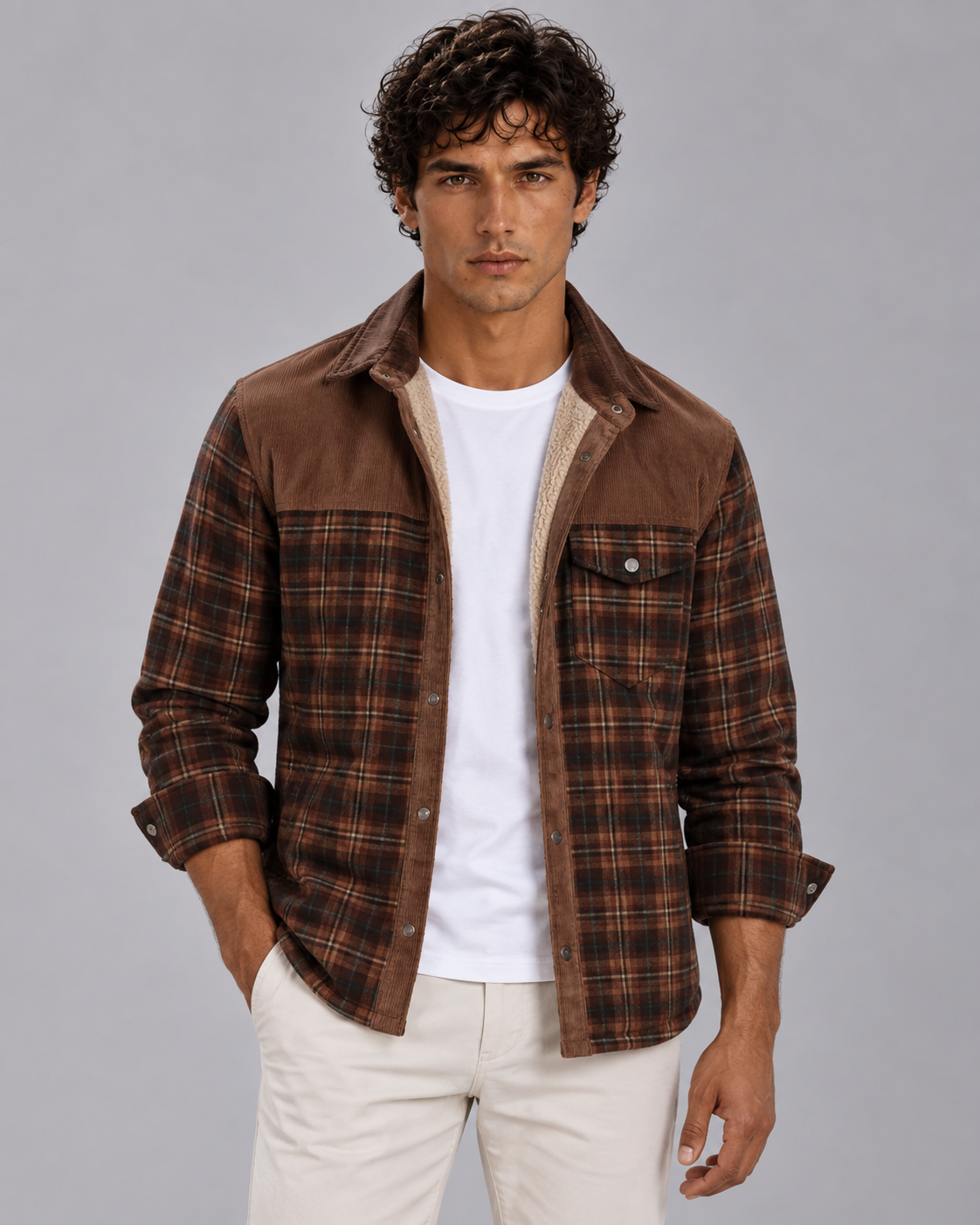 Men's Sherpa Lined Flannel Shirt Jacket with Chest Pockets