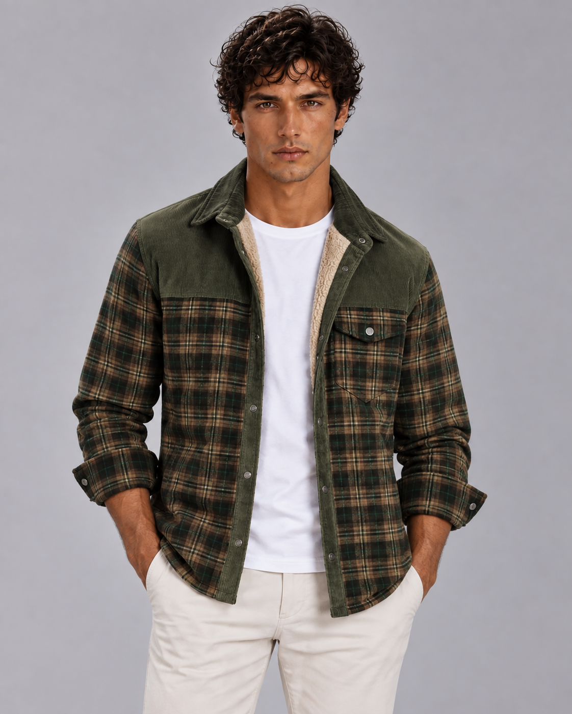 Men's Sherpa Lined Flannel Shirt Jacket with Chest Pockets