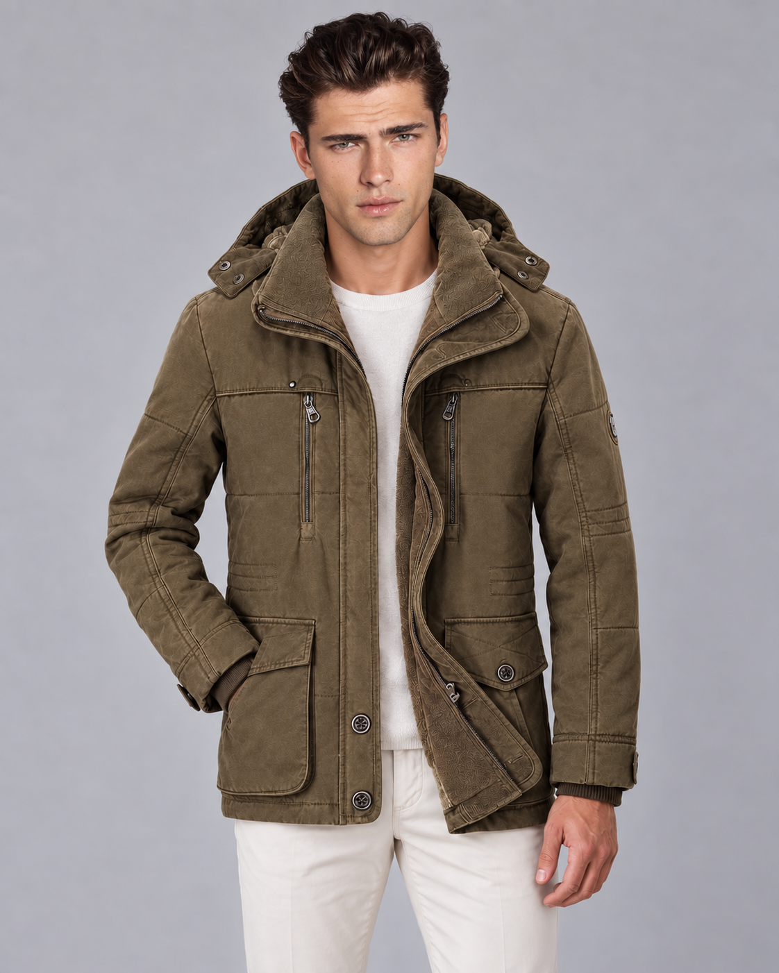 Men's Hooded Parka Jacket with Corduroy Collar | Winter Coat for Cold Weather