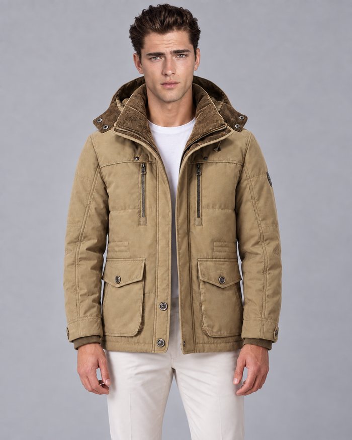Men's Hooded Parka Jacket with Corduroy Collar | Winter Coat for Cold Weather