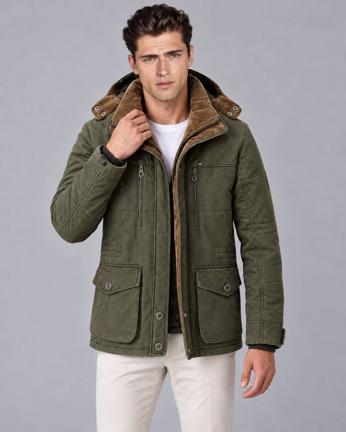 Men's Hooded Parka Jacket with Corduroy Collar | Winter Coat for Cold Weather