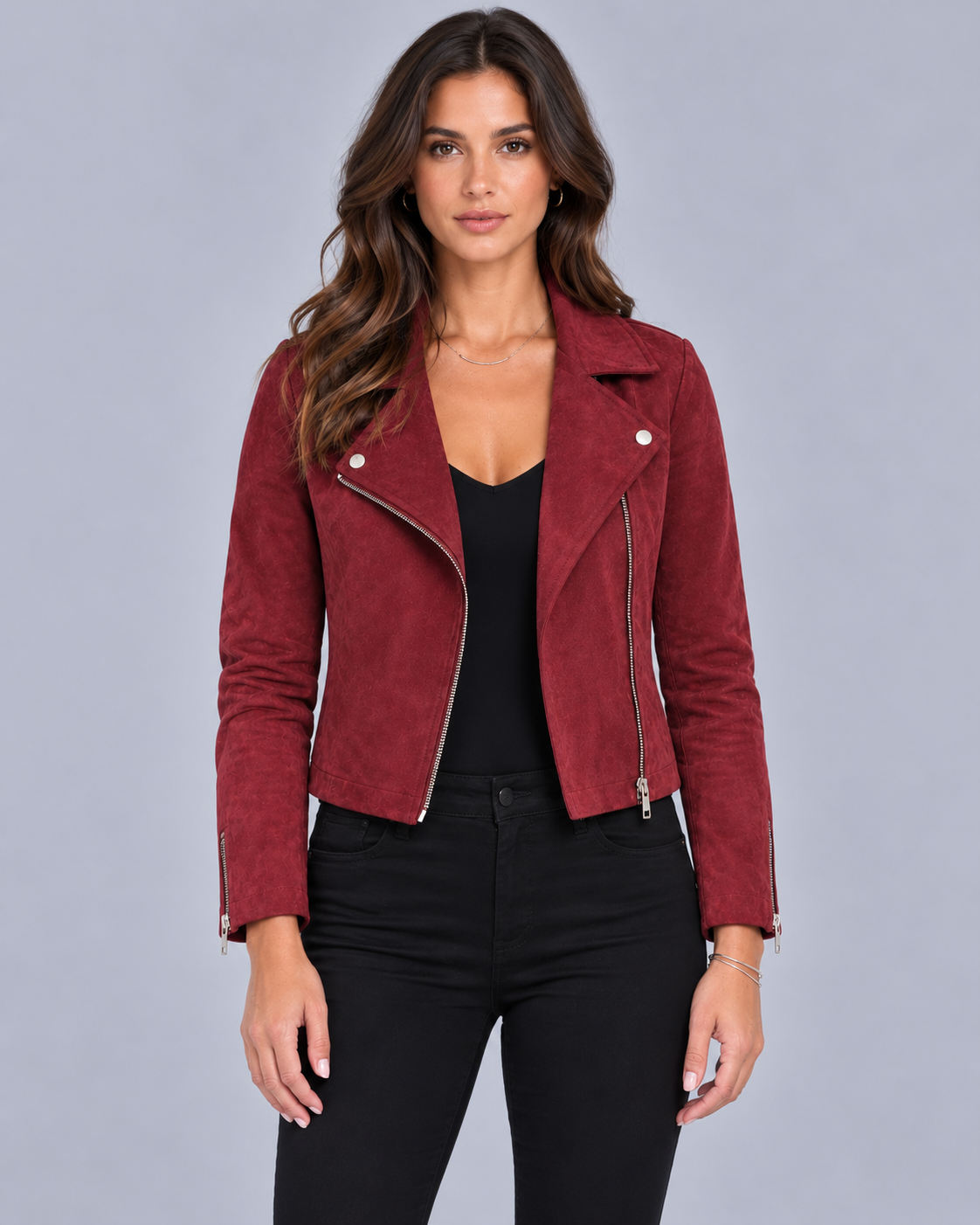 Women's Cropped Biker Jacket with Suede Look and Asymmetric Zip Front