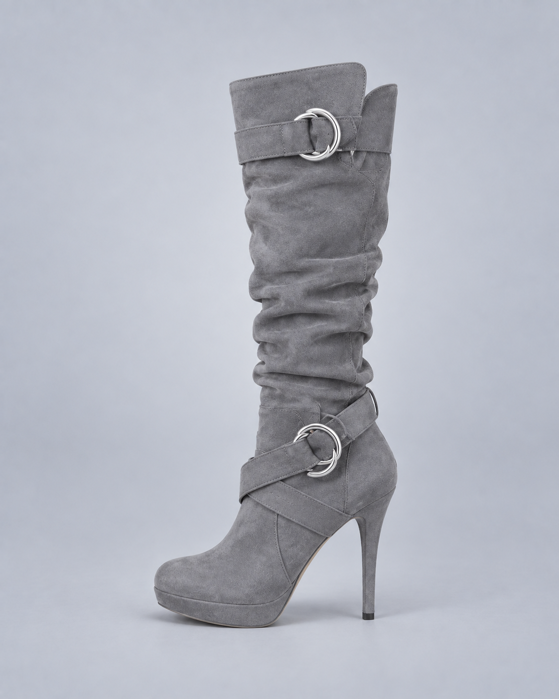 Women's Suede Knee-High Stilleto Boots with Buckle Straps