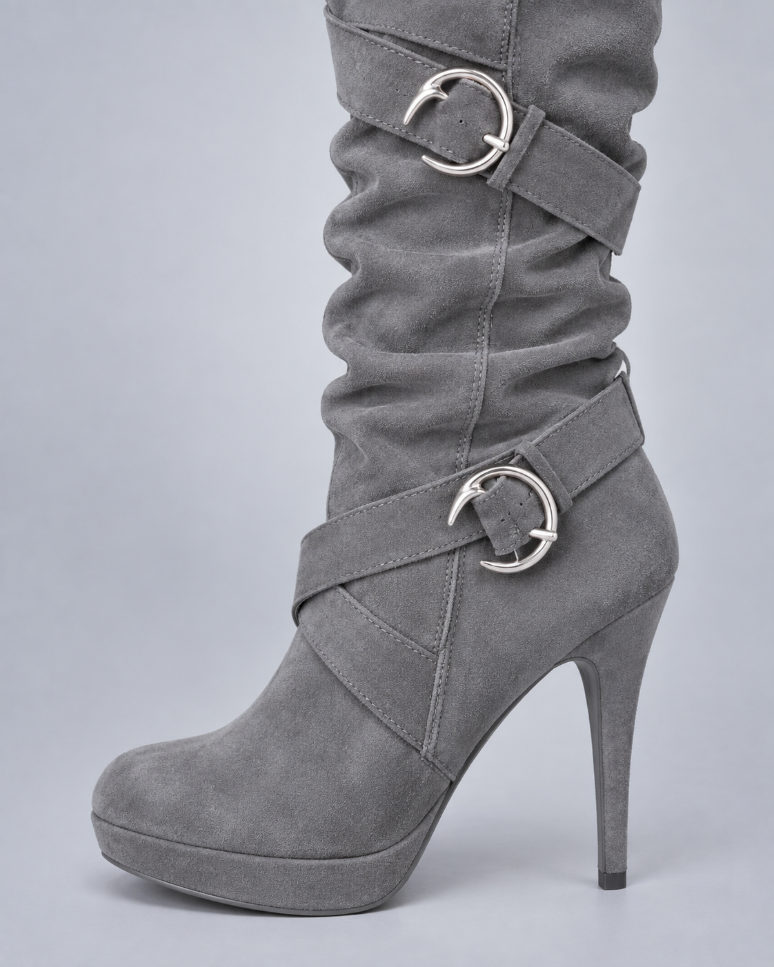 Women's Suede Knee-High Stilleto Boots with Buckle Straps
