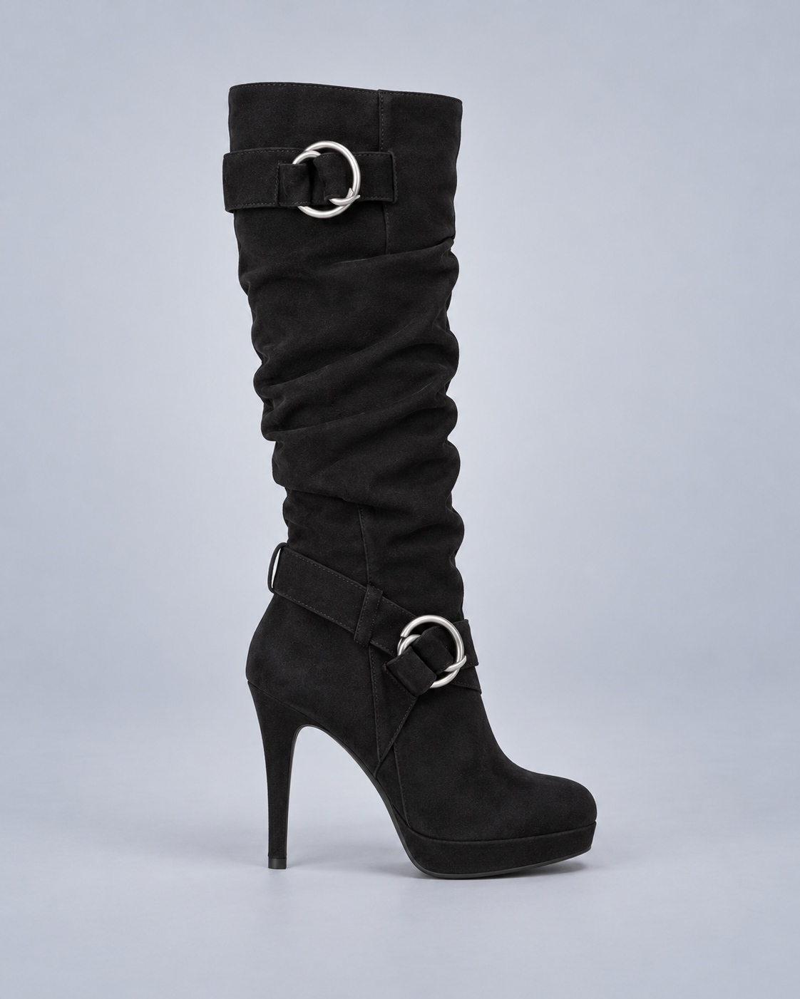 Women's Suede Knee-High Stilleto Boots with Buckle Straps