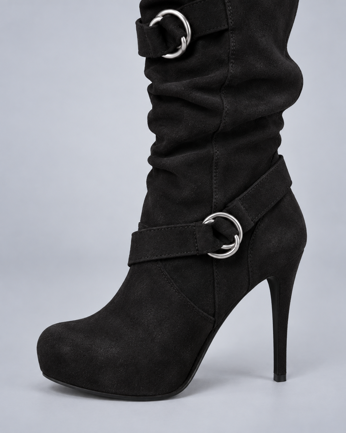 Women's Suede Knee-High Stilleto Boots with Buckle Straps