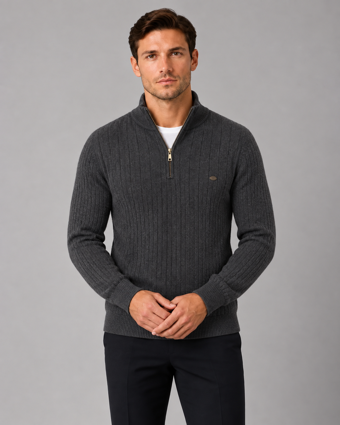 Men's Soft Cotton Quarter-Zip Sweater | Ribbed Knit Funnel Neck Jumper