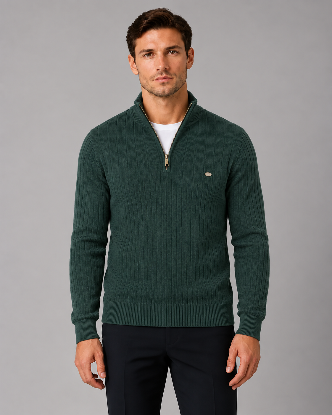 Men's Soft Cotton Quarter-Zip Sweater | Ribbed Knit Funnel Neck Jumper