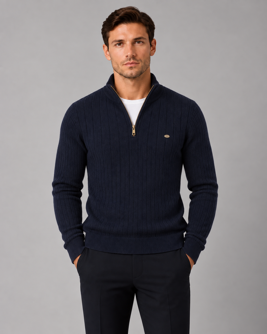 Men's Soft Cotton Quarter-Zip Sweater | Ribbed Knit Funnel Neck Jumper