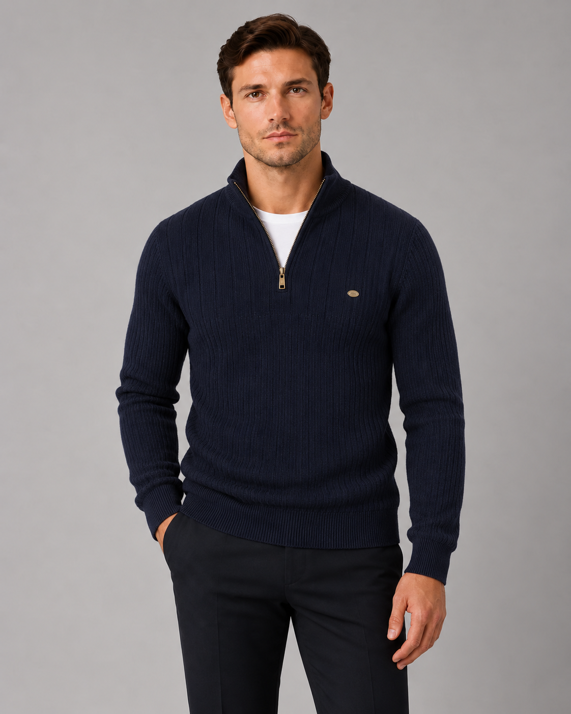 Men's Soft Cotton Quarter-Zip Sweater | Ribbed Knit Funnel Neck Jumper