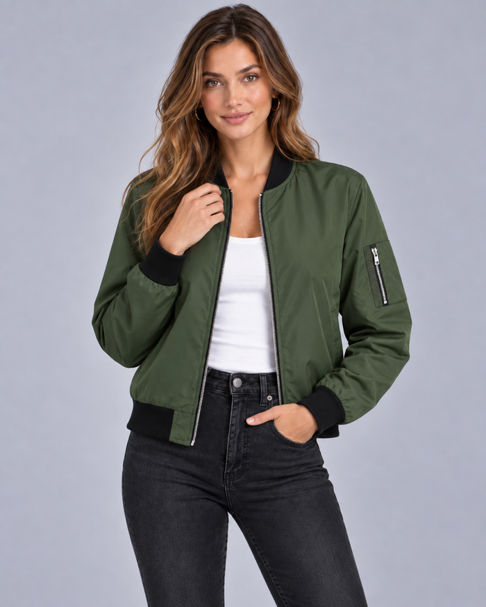 Women's Zip-Up Bomber Jacket with Ribbed Trim and Pockets