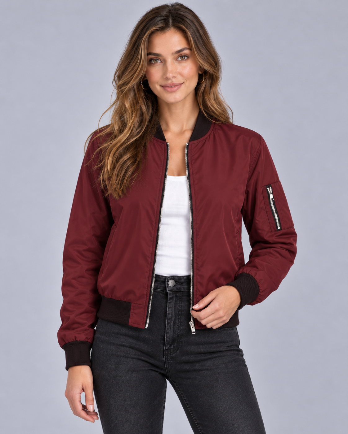 Women's Zip-Up Bomber Jacket with Ribbed Trim and Pockets