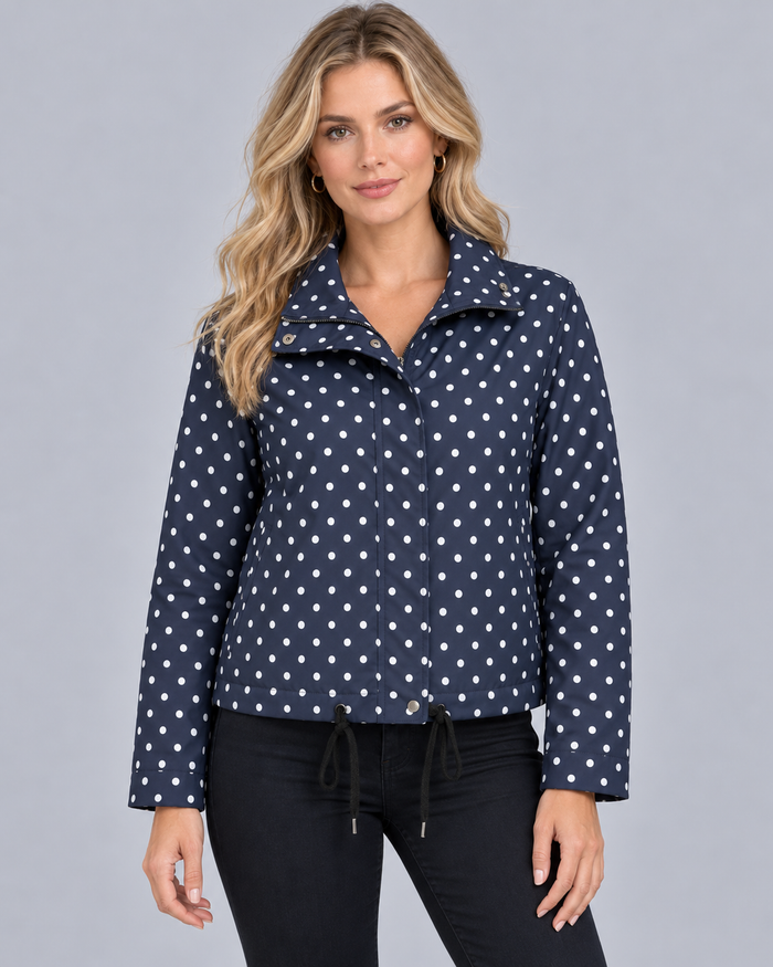 Women's Polka Dot Bomber Jacket with Stand Collar | Drawstring Hem