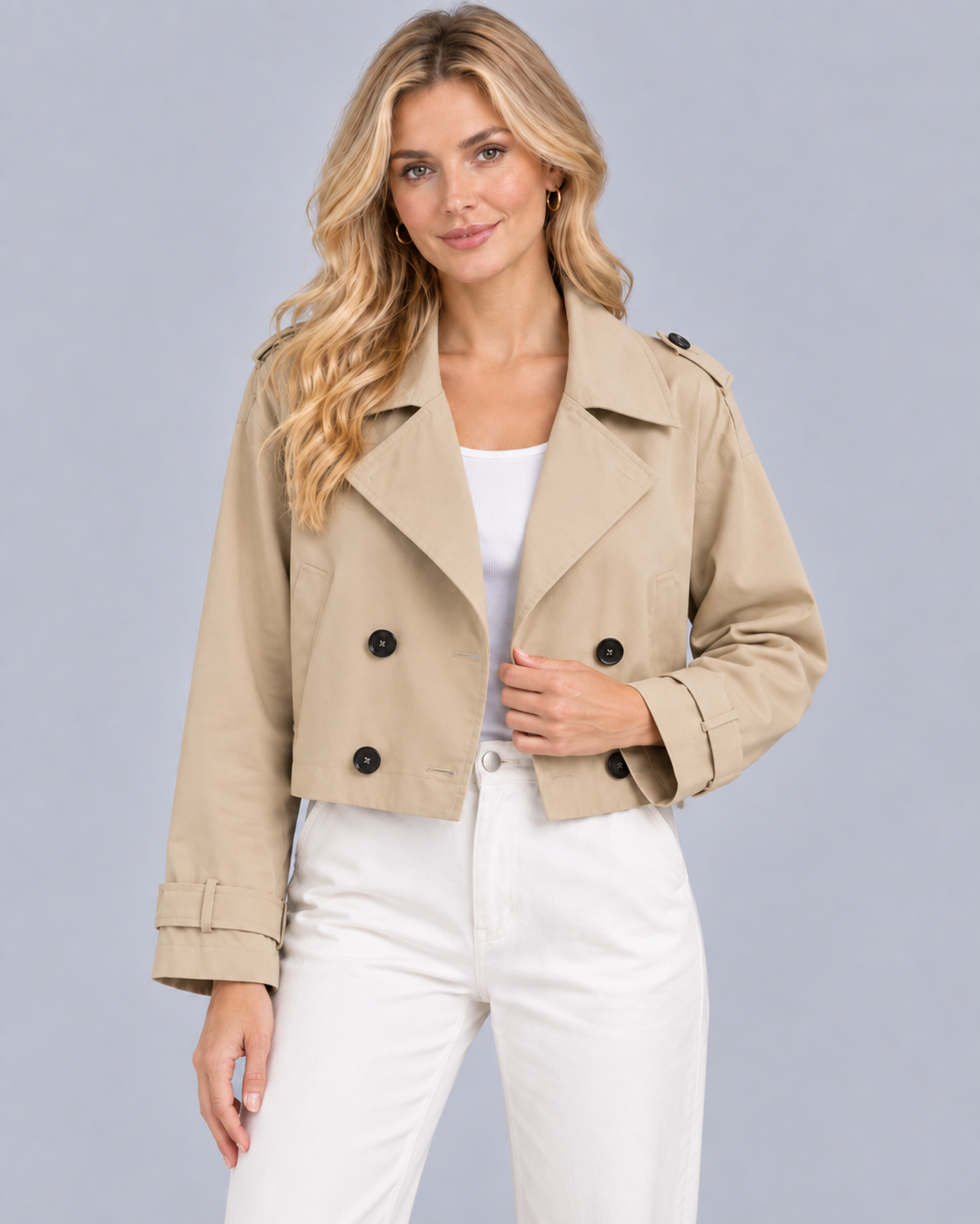 Women's Cropped Double Breasted Trench Coat | Notch Lapel Collar with Welt Pockets