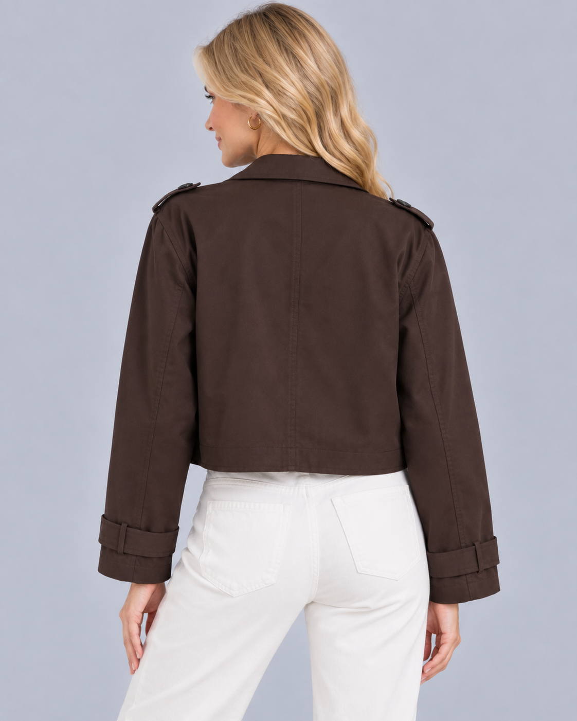 Women's Cropped Double Breasted Trench Coat | Notch Lapel Collar with Welt Pockets