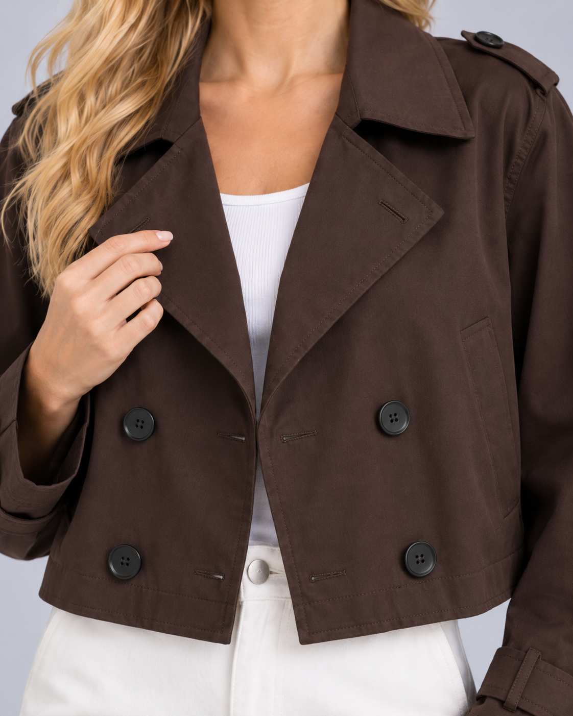 Women's Cropped Double Breasted Trench Coat | Notch Lapel Collar with Welt Pockets