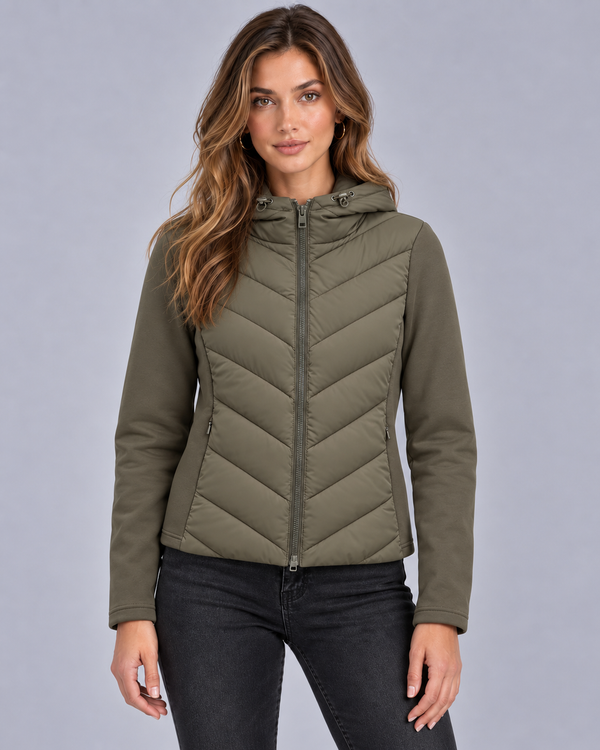 Women's Hooded Quilted Puffer Jacket | Chevron Padded Zip-Up Coat