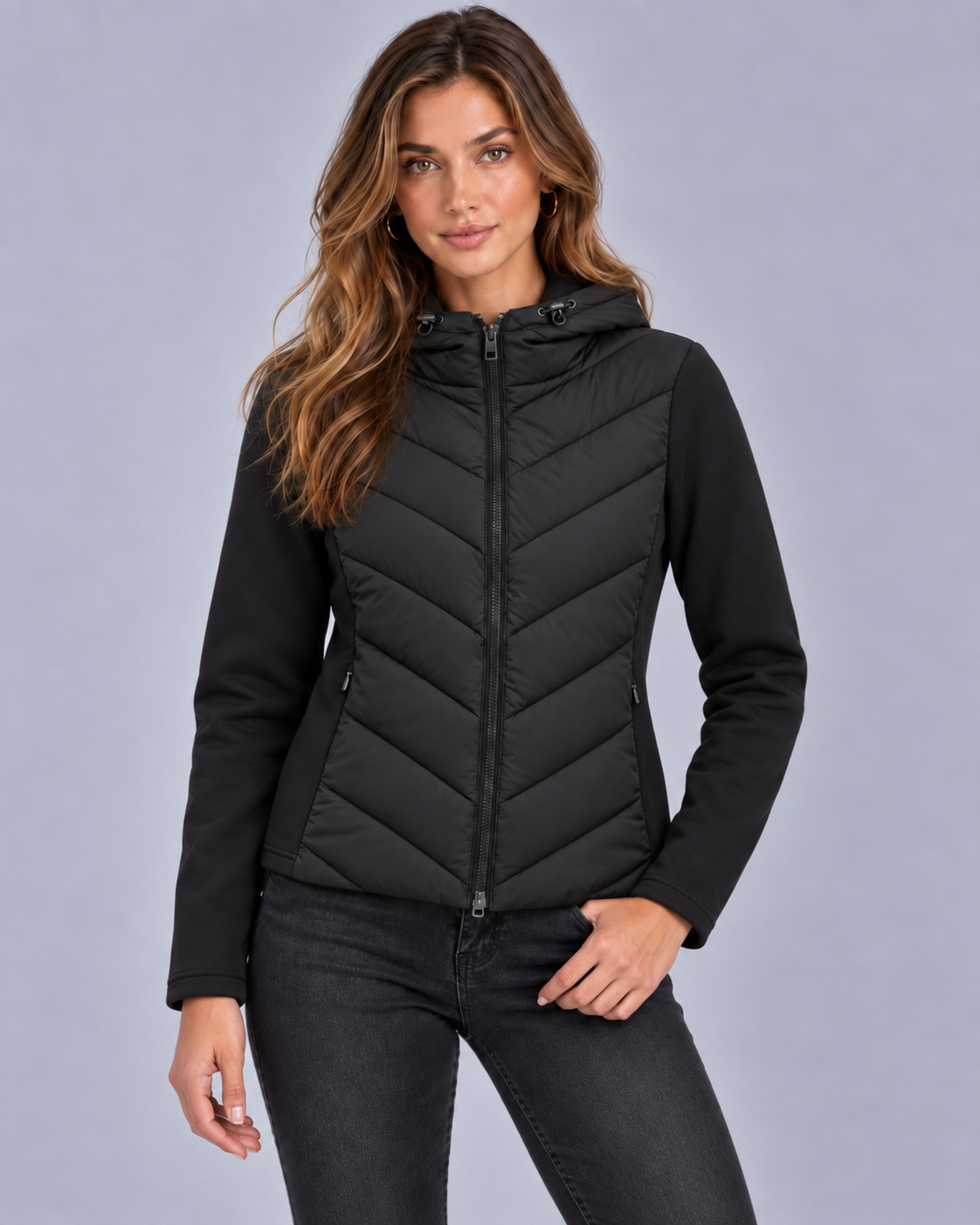 Women's Hooded Quilted Puffer Jacket | Chevron Padded Zip-Up Coat