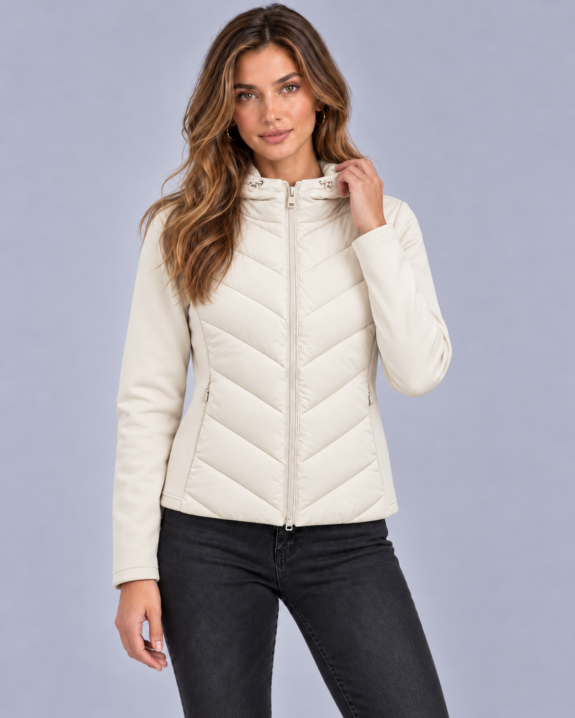 Women's Hooded Quilted Puffer Jacket | Chevron Padded Zip-Up Coat