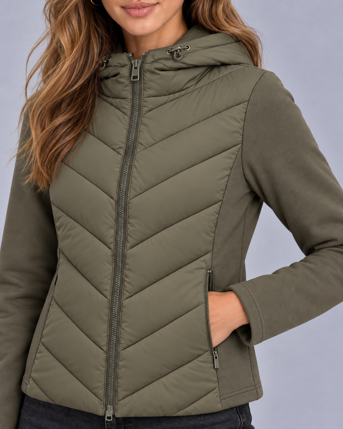 Women's Hooded Quilted Puffer Jacket | Chevron Padded Zip-Up Coat
