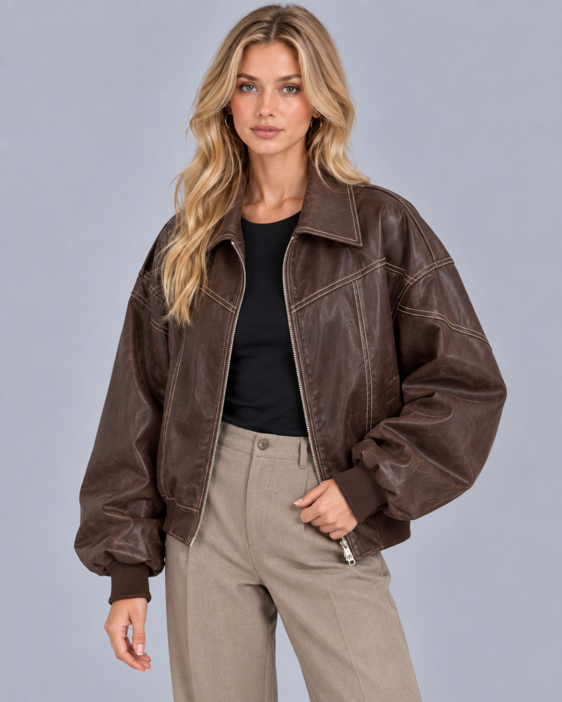 Women's Contrast Stitch Bomber Jacket with Oversized Fit