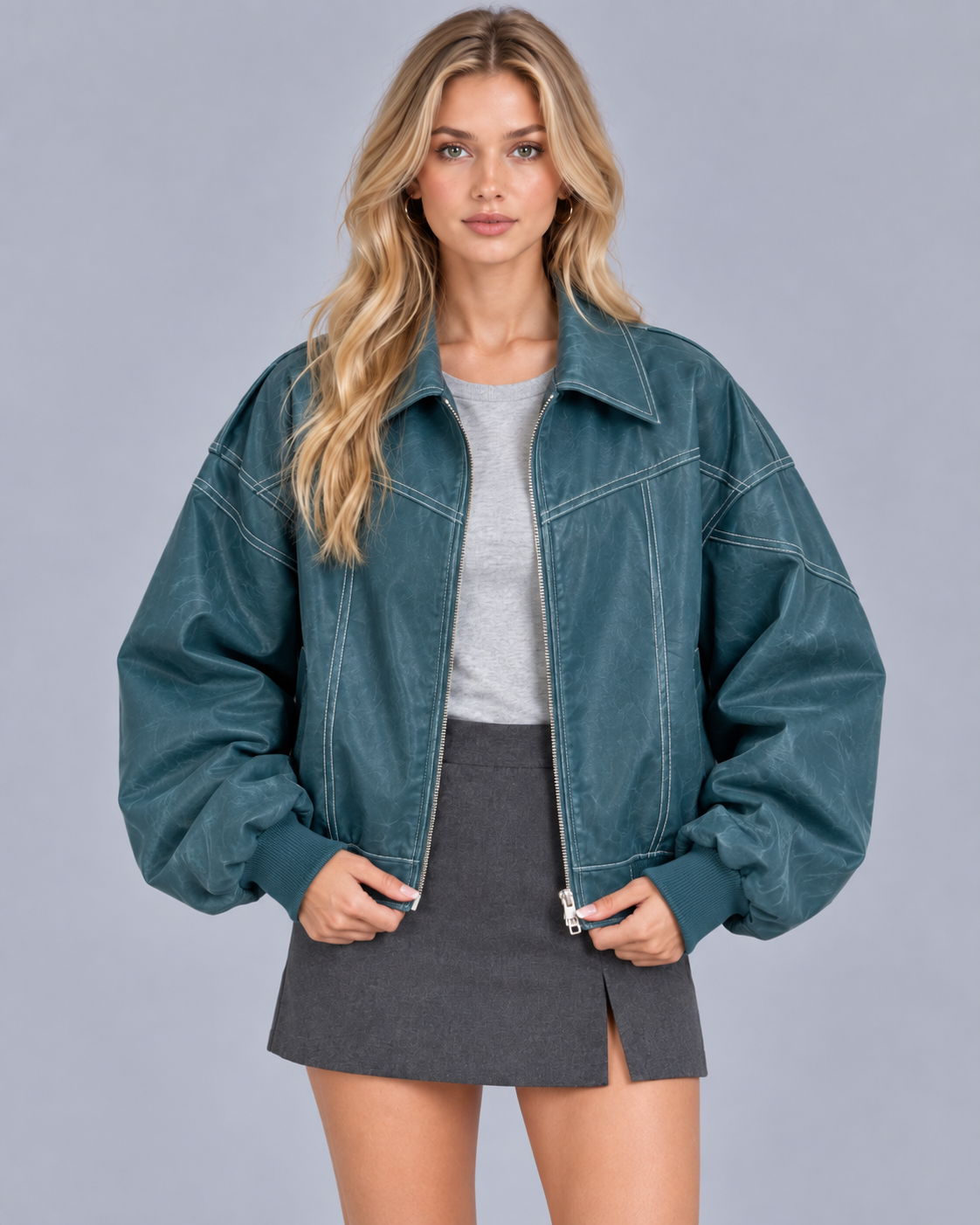 Women's Contrast Stitch Bomber Jacket with Oversized Fit