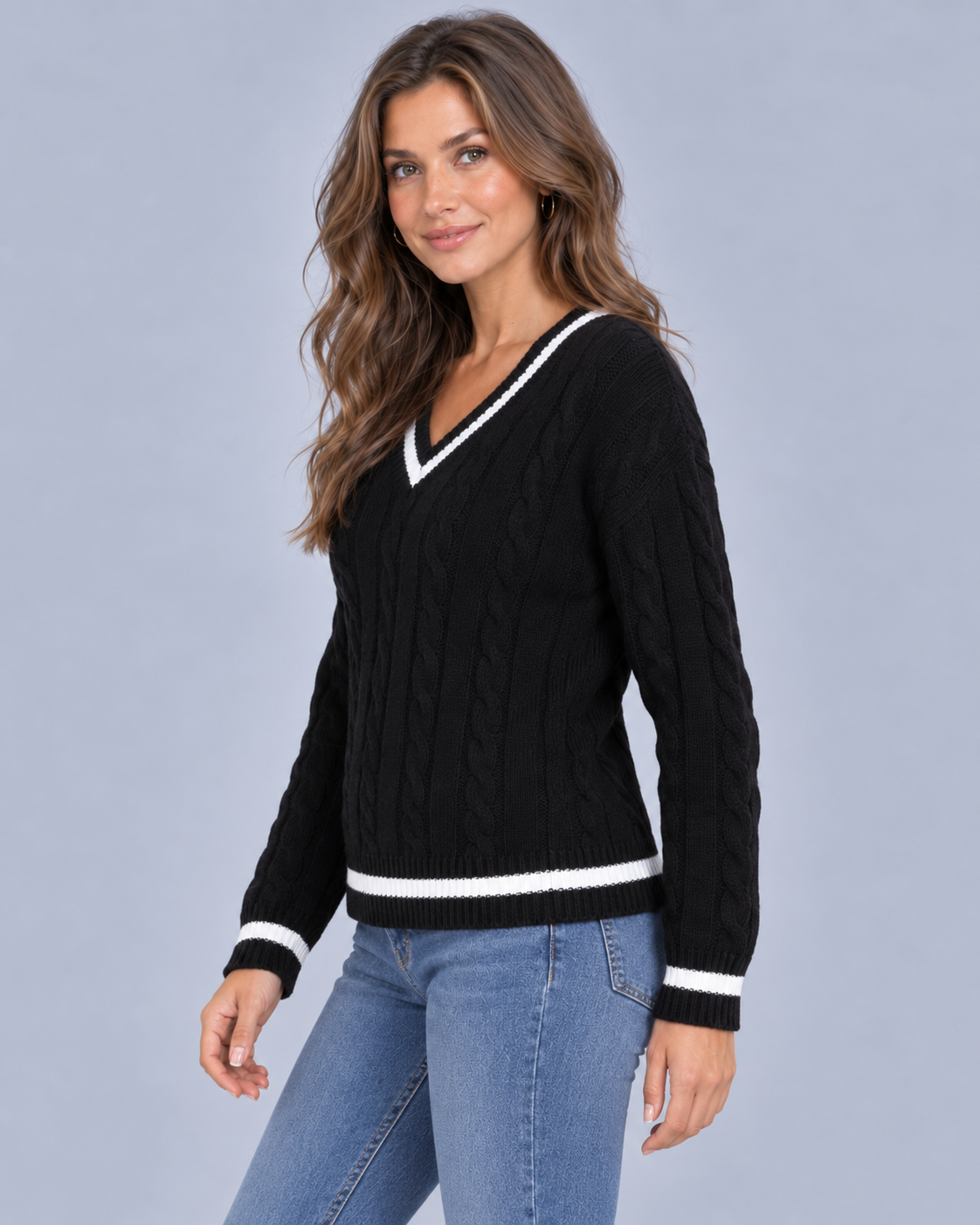 Women's Soft Cable Knit Jumper | V-Neck Pullover Sweater