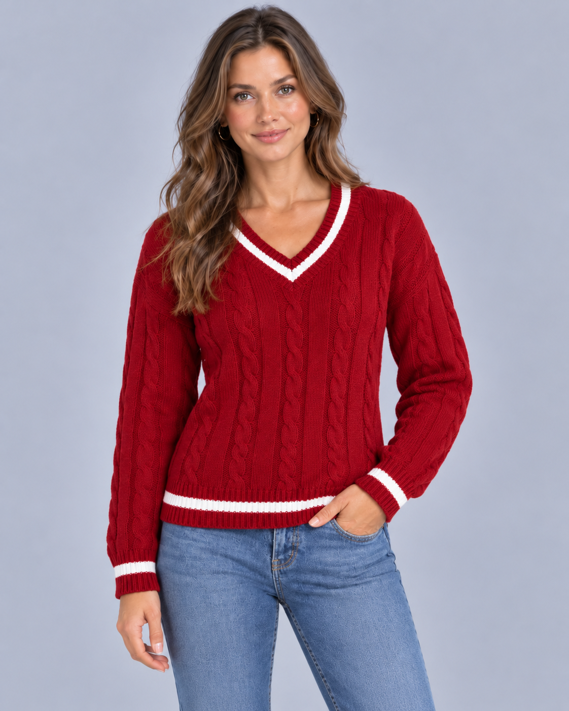 Women's Soft Cable Knit Jumper | V-Neck Pullover Sweater