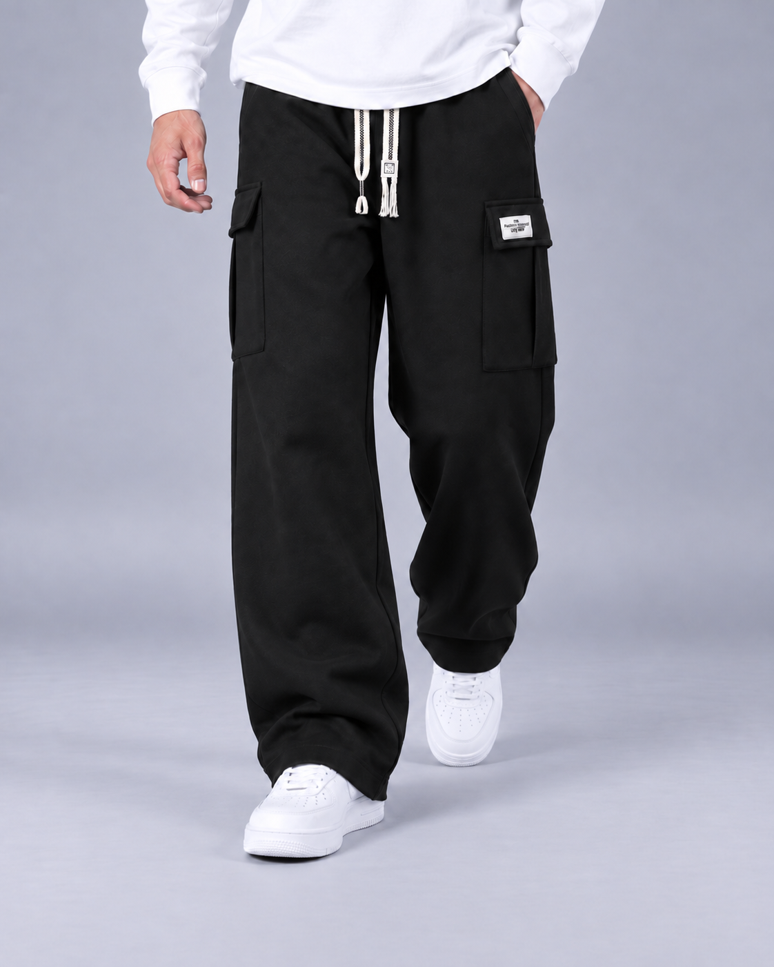 Men's Cotton Cargo Trousers | Wide-Leg Pants Joggers with Drawstrings