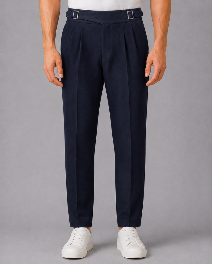 Men's High-Waisted Pleated Gurkha Trousers with Slim Fit