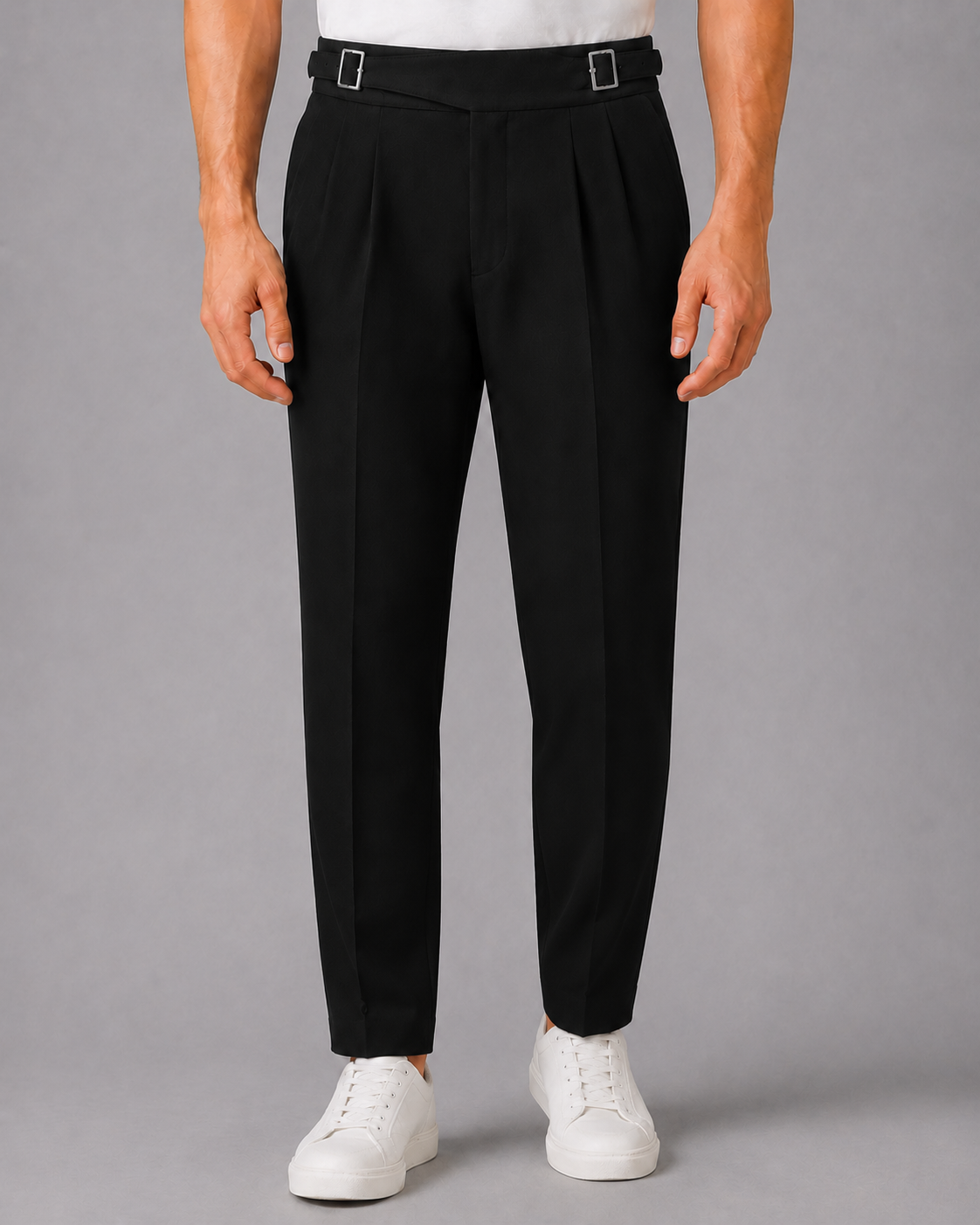 Men's High-Waisted Pleated Gurkha Trousers with Slim Fit