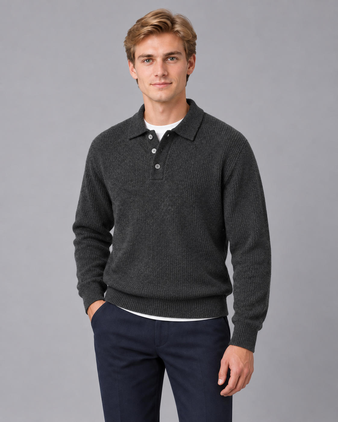 Men's Lightweight Knit Polo Jumper | Classic Collared Sweater with Buttons